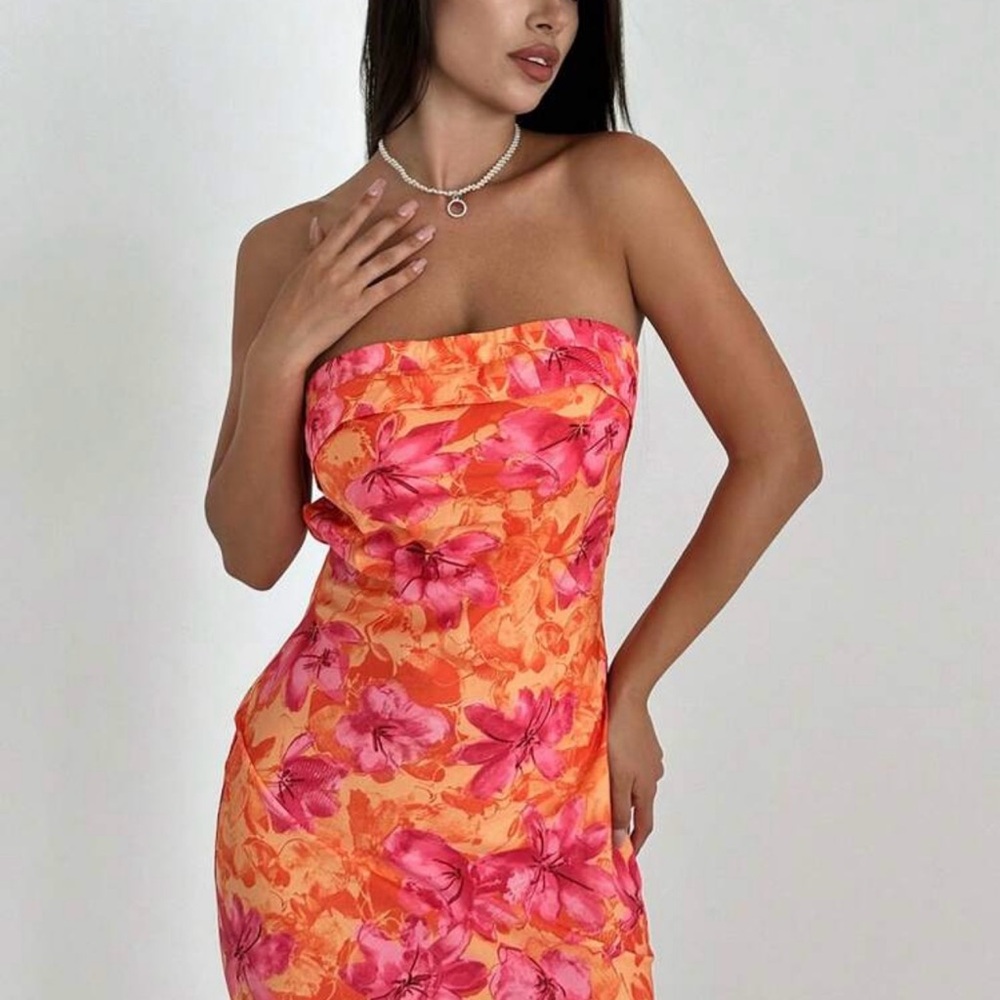 Floral Strapless Dress in Pink and Orange (Hawaii Dress)